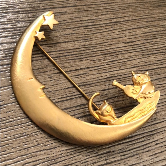 Vintage Jewelry - Large Brushed Goldtone Moon Pin Cat & Owl in Boat